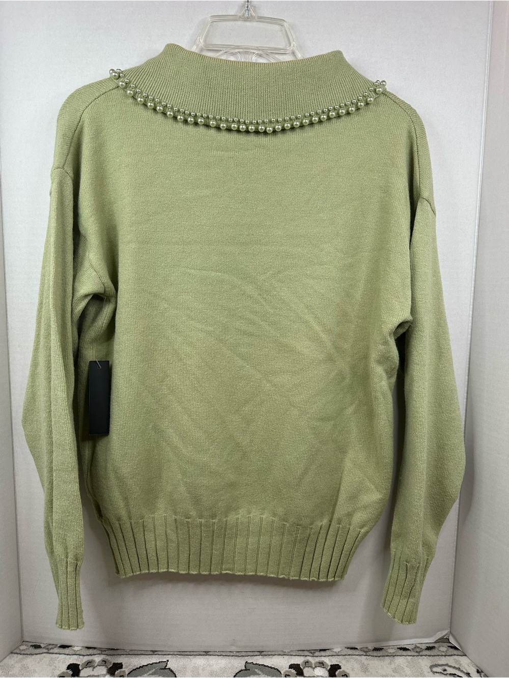 Pearl-Trim Collared Crewneck Sweater — Sage Green, size Large, NWT - Picture 5 of 7